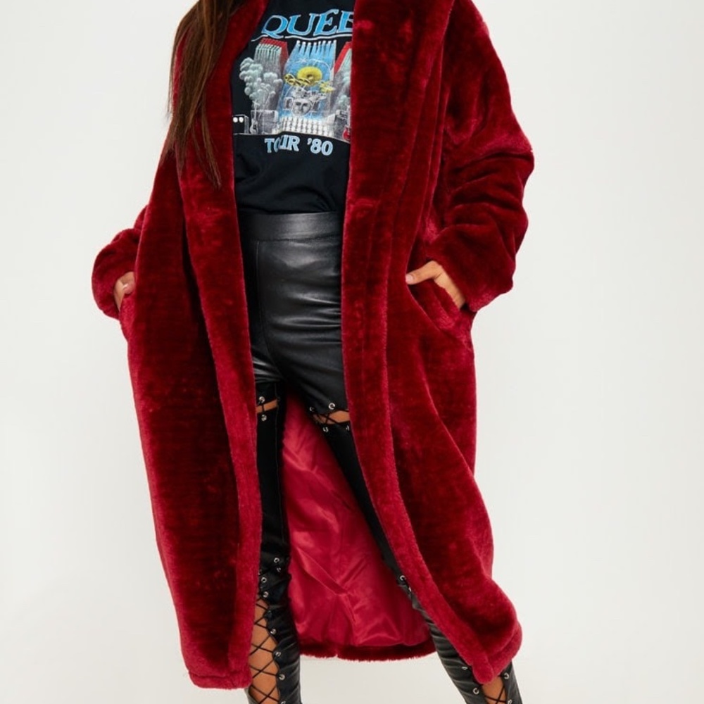 Burgundy Faux Fur Coat